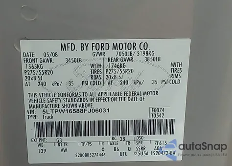 2008 Lincoln Mark Lt z USA, uszkodzony, nr VIN 5LTPW16588FJ06031